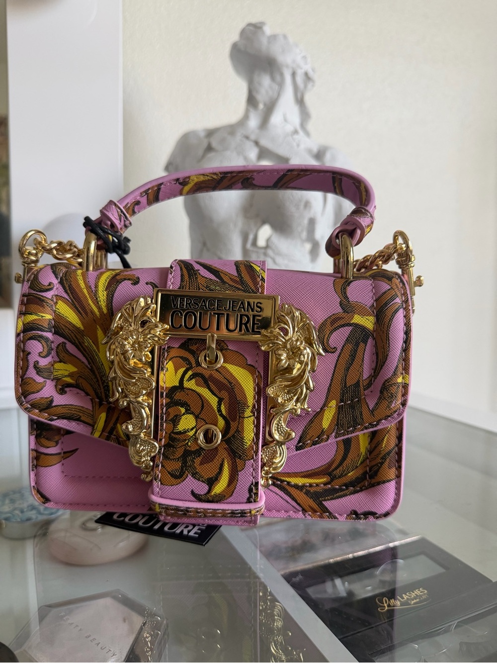 Versace Jeans Couture Pink & Yellow Baroque Mini Top Handle Bag